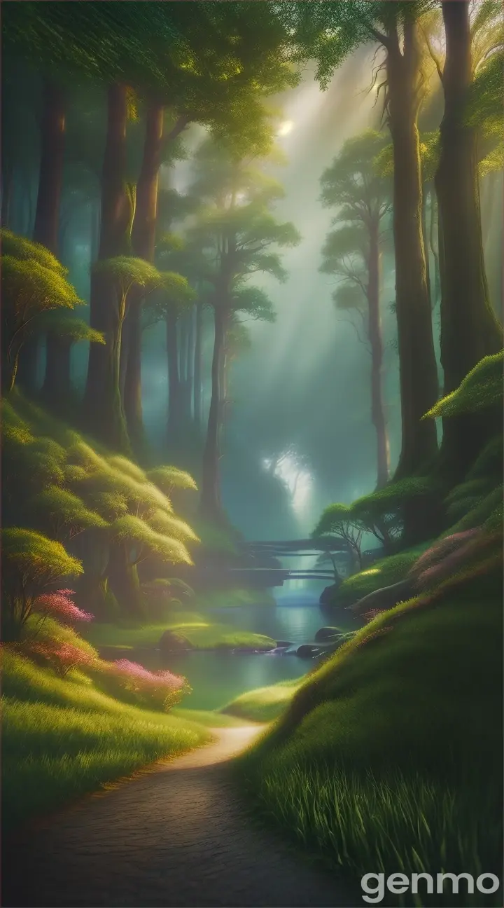 a high-quality artistic rendering of a mystical (райский лес), magical, enchanted, fantasy, vibrant colors, dream-like, ethereal, glowing, surreal, lush foliage, whimsical, fairy tale, nature, forest, digital painting, fantasy landscape, detailed, picturesque, 4k