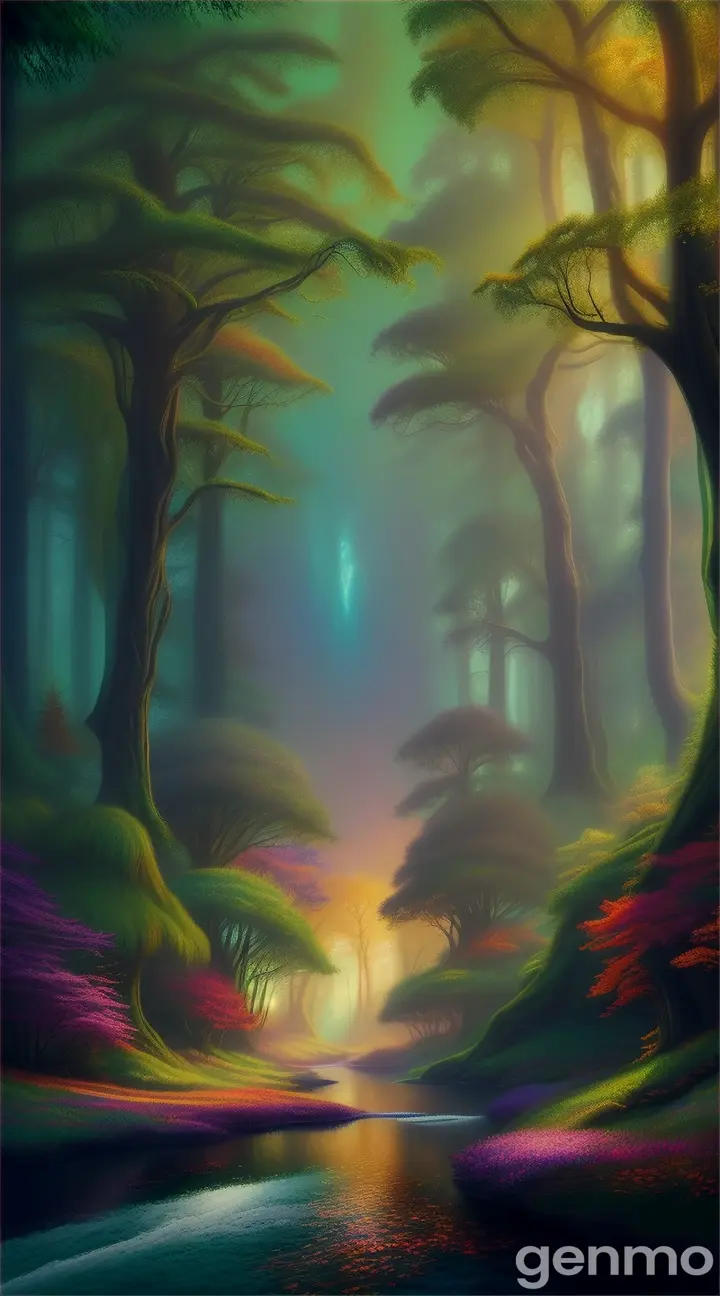 a high-quality artistic rendering of a mystical (райский лес), magical, enchanted, fantasy, vibrant colors, dream-like, ethereal, glowing, surreal, lush foliage, whimsical, fairy tale, nature, forest, digital painting, fantasy landscape, detailed, picturesque, 4k