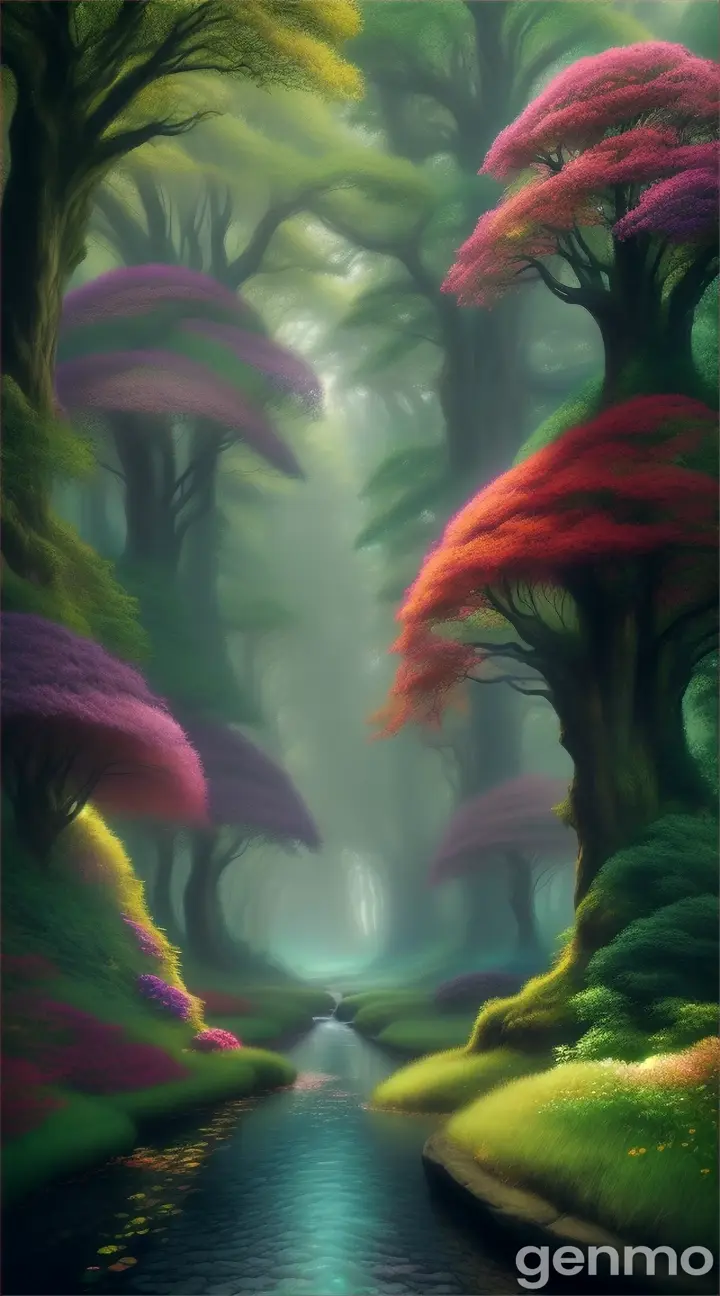 a high-quality artistic rendering of a mystical (райский лес), magical, enchanted, fantasy, vibrant colors, dream-like, ethereal, glowing, surreal, lush foliage, whimsical, fairy tale, nature, forest, digital painting, fantasy landscape, detailed, picturesque, 4k