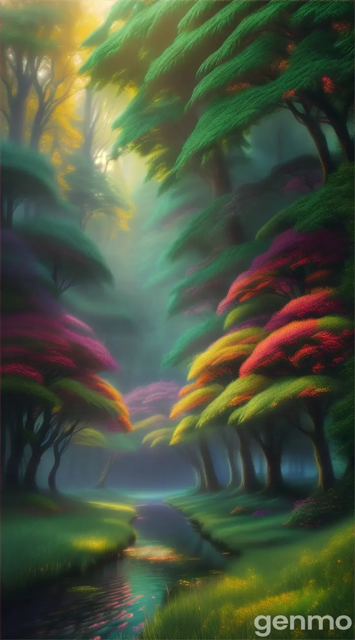 a high-quality artistic rendering of a mystical (райский лес), magical, enchanted, fantasy, vibrant colors, dream-like, ethereal, glowing, surreal, lush foliage, whimsical, fairy tale, nature, forest, digital painting, fantasy landscape, detailed, picturesque, 4k