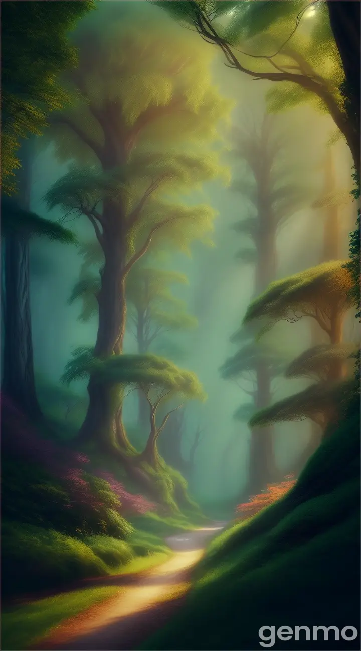 a high-quality artistic rendering of a mystical (райский лес), magical, enchanted, fantasy, vibrant colors, dream-like, ethereal, glowing, surreal, lush foliage, whimsical, fairy tale, nature, forest, digital painting, fantasy landscape, detailed, picturesque, 4k