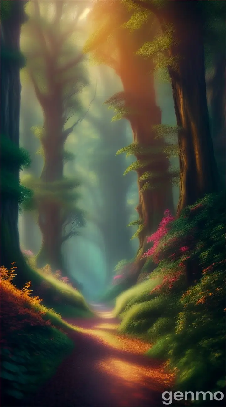 a high-quality artistic rendering of a mystical (райский лес), magical, enchanted, fantasy, vibrant colors, dream-like, ethereal, glowing, surreal, lush foliage, whimsical, fairy tale, nature, forest, digital painting, fantasy landscape, detailed, picturesque, 4k