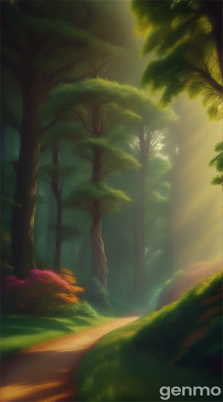 a high-quality artistic rendering of a mystical (райский лес), magical, enchanted, fantasy, vibrant colors, dream-like, ethereal, glowing, surreal, lush foliage, whimsical, fairy tale, nature, forest, digital painting, fantasy landscape, detailed, picturesque, 4k