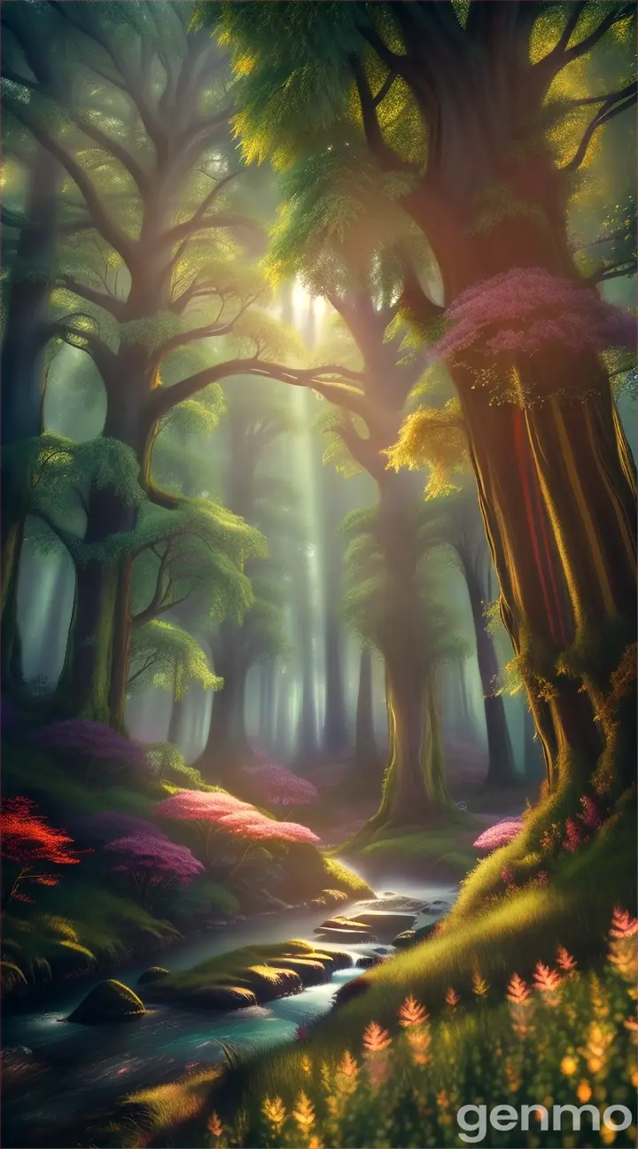a high-quality artistic rendering of a mystical (райский лес), magical, enchanted, fantasy, vibrant colors, dream-like, ethereal, glowing, surreal, lush foliage, whimsical, fairy tale, nature, forest, digital painting, fantasy landscape, detailed, picturesque, 4k