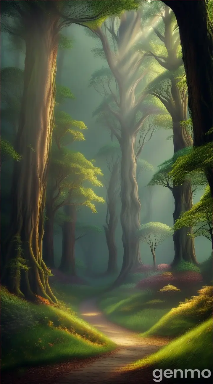 a high-quality artistic rendering of a mystical (райский лес), magical, enchanted, fantasy, vibrant colors, dream-like, ethereal, glowing, surreal, lush foliage, whimsical, fairy tale, nature, forest, digital painting, fantasy landscape, detailed, picturesque, 4k