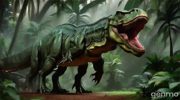 Um dinossauro Tiranossauro rex em segundo plano sem imperfeições. Proporção 16:9, alta resolução (HD). Período Jurássico