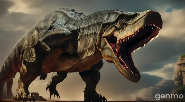 Um dinossauro Tiranossauro rex em pé, posição de ataque, em segundo plano sem imperfeições. Proporção 16:9, alta resolução (HD). Período Jurássico