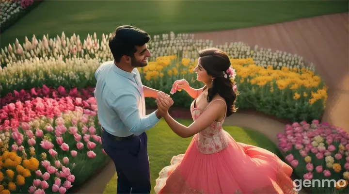 Wide shot of a blooming garden with the 24-year-old Pakistani man with fair skin and the beautiful 22-year-old girl dance hand in hand in 4K. Close-up of them stopping to smell flowers and exchange smiles, showing every detail in high resolution. Aerial shot showing the couple dance through the colorful garden paths, all in stunning 8K quality.
