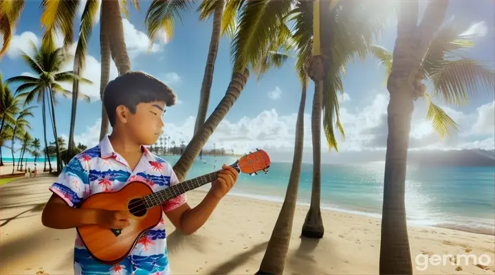 Hawaii ukulele aloha loha islands palm trees sand ocean boy 14 years old in a Hawaiian shirt in the wind stands near the Waikiki hotel and looks at the beach with palm trees and a stray cat. 16:9