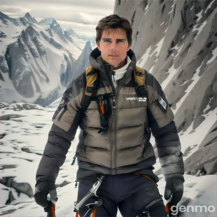 Tom Cruise trekking through a snow-covered, wild alpine terrain, surrounded by towering peaks and jagged rock formations