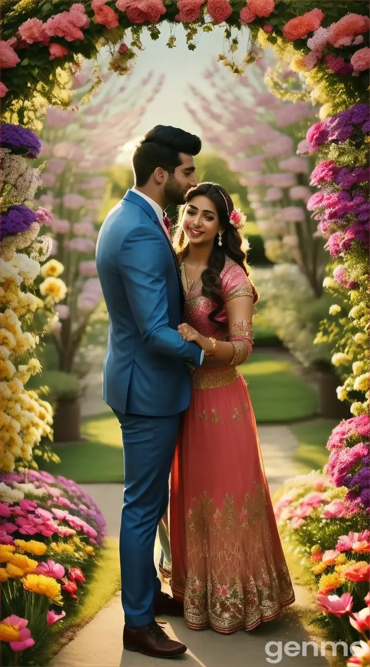 Wide shot of a blooming garden with the 24-year-old Pakistani man with fair skin and the beautiful 22-year-old girl dance hand in hand in 4K. Close-up of them stopping to smell flowers and exchange smiles, showing every detail in high resolution. Aerial shot showing the couple dance through the colorful garden paths, all in stunning 8K quality.
