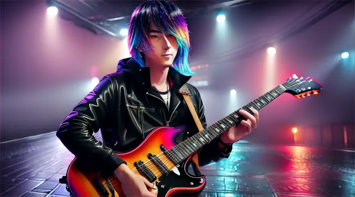 close up guitar strings, musician playing guitar on the city street on the rain, close up, night, neon lights reflections, anime