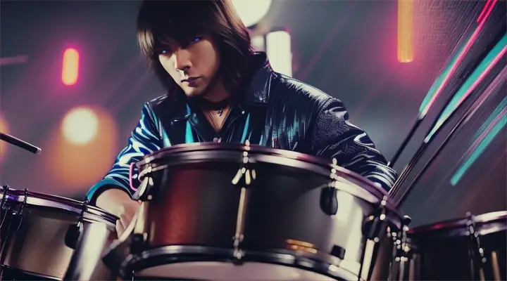 drummer plays on a drum set, background city street on the rain with cars, strong wind, night, neon lights reflections, close up, anime