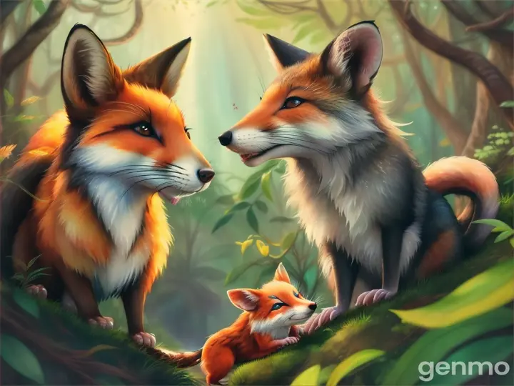 small rattit and fox on jurney in jungle