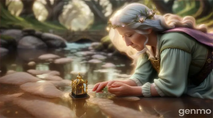 
Picture the old woman placing a small lock of Princess Lily's glowing hair into a dry riverbed.