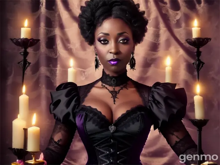 1 elegant black woman, (((Dark black skin 1.2))), Mature middle-aged woman， goth woman, vampire, goth makeup, victorian era dress, corset, corset dress, choker necklace, Dark eyeshadow，Full-body art, black skin, a dark tanned skin，Melanin pigmentation of the skin，very dark skin, violet eyes, lesvian, afro hair, short hair, renascence portrait, realist, elegant pose, dark color scheme, candlelit ilumination, vintage fashion, victorian era fashion, Victorian dress, corset, vampire fangs, fangs showing, blood, ethereal beauty, purple eyes, curly hair, afro hair, short afro hair,