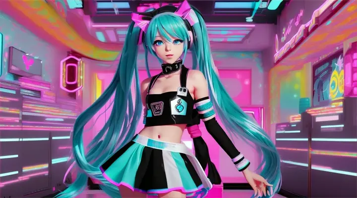 animation back and white:edm: pop:hip-hop:Hatsune Miku image, Gyamy, appears in a colorful, candy-themed room, eyes sparkling, ready to start the game.”