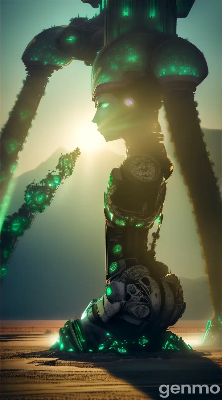 Scene 2: A sprawling, alien structure - (detail: think an ancient sacrificial altar mixed with those tech details from the derelict ship - panels cracked open revealing pulsing emerald green organic 'hearts'. Include bone fragments and tattered remnants of past mining gear - hinting at what might happen to human flesh caught within!) Kira crouches (back turned— her usual purple jumpsuit soaked in that emerald-glowing goo and dripping), before that behemoth's looming 'maw' (think H.R. Giger meets bioluminescent flora from those ‘Pandora’ images), holding her lone remaining bead aloft. The shadowed figures behind— more of them now, heads obscured but clearly ‘Whisperer’ influenced. (Note to self: Add subtle suggestions—think 'praying postures' but twisted, arms bent at odd angles or their 'heads’ turning erratically—hints that these figures, those once entrusted with protecting knowledge, are themselves now consumed by the corruption!)
(Mood: Reverence tinged with despair and Kira's inner defiant resolve)