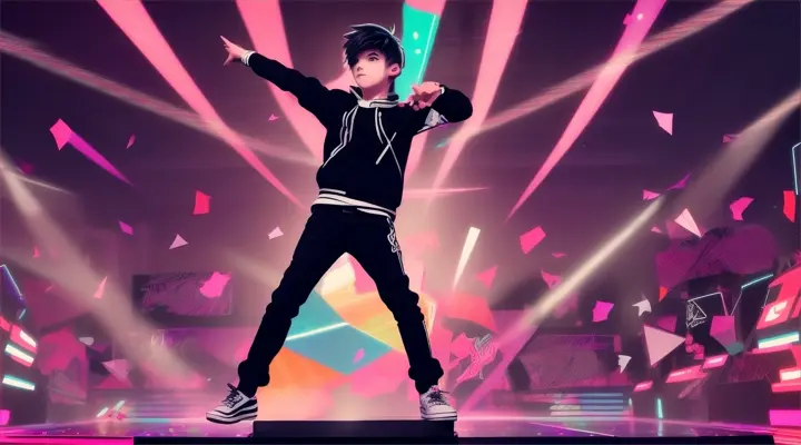 face young anime boy monochrome style characters :edm: pop:hip-hop:**Victory Dance**: Gyamy performs a victory dance on a podium, with confetti and lights flashing around.