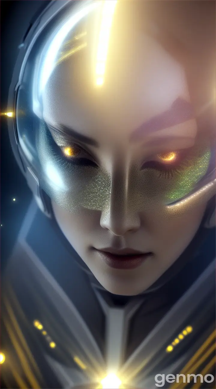 Kira's reflection through a cracked escape pod visor, surrounded by shimmering alien pollen releasing bio-lights