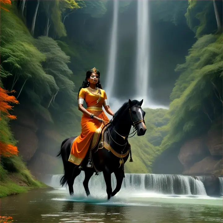 Create a cinematic, ultra-realistic drone shot of a South Indian king and his two queens riding horses through a lush, green forest near a waterfall. The king, with a lean, thin body, dark skin, and a messy, brushed-up hairstyle, wears a full-sleeved white with orange themed dress without a crown. The first queen, with a chubby physique, plus size, red dot on forehead,and a short sides with long angular comb-over hairstyle, wears a similar full-sleeved white queen's dress adorned with a gold and diamond necklace. The second queen, with a slim figure and fair skin, is dressed in a full-sleeved queen themed silk dress , King coming and other two queens coming in the separate indian elephants cavalry,All three are coming side by side five feet distance ,far from water stream, the elephants and cavalry are decorated in golden chains.three of them coming near big palace  water stream running side's of the palace, elephants , elephants having  tusks, elephants having large ears,the elephants suddenly rising their front legs and stand in back legs, The scene  should be bathed in warm sunlight, capturing the majesty and grandeur of the royal , majestic trio.