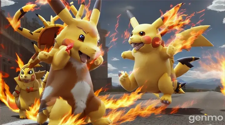 crea un video de un pikachu corriendo y atacando a un charizard
