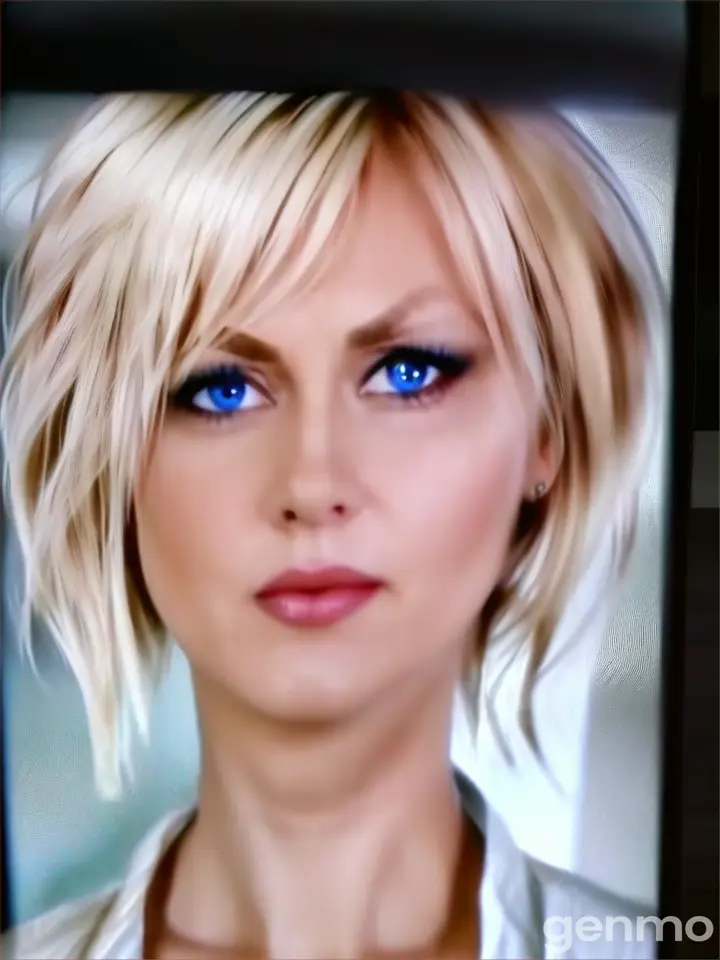 A light breeze gently ruffles her haira woman with blonde hair and blue eyes
