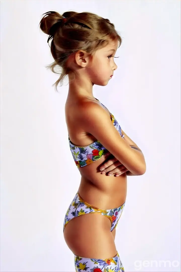 a young girl in a flesh tone leotard 