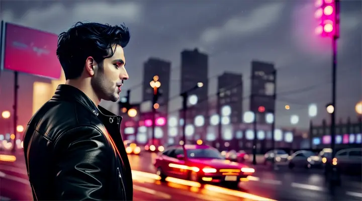 retro microphone in the foreground is on a stand behind of male european singer in black jacket, sing a song in microphone, background city street with strong wind and rain, with cars, night, neon lights reflections, anime
