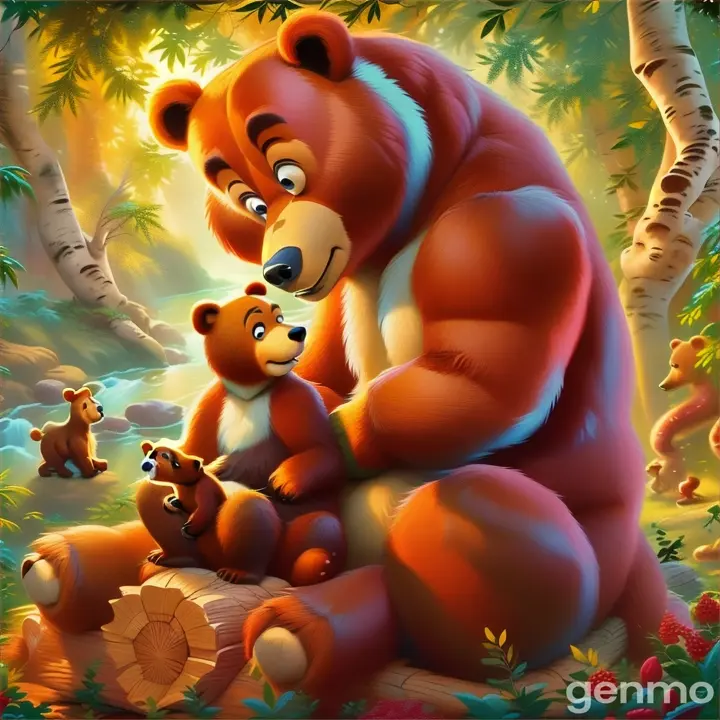a bear and a baby bear are sitting on a log