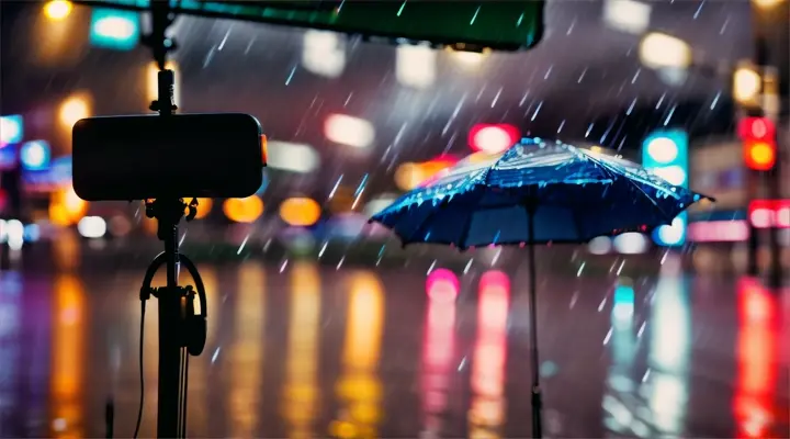 raindrop fallen to the foreground there is a retro microphone on a stand, behind it is the city street with strong rain and wind, with cars, night, neon lights reflections, anime