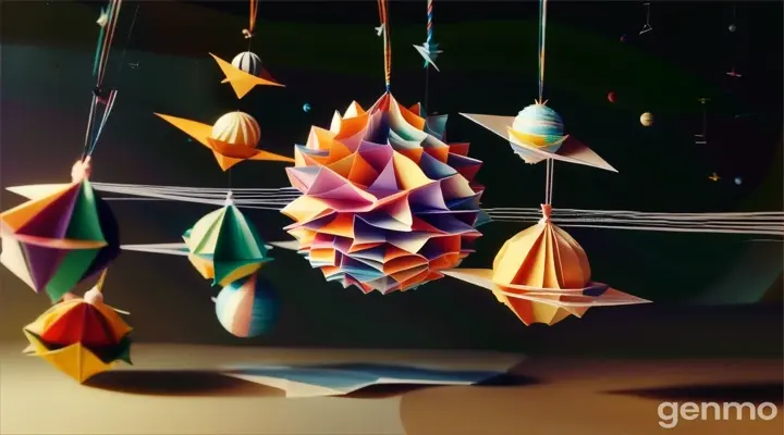 origami paper planets hanging from strings