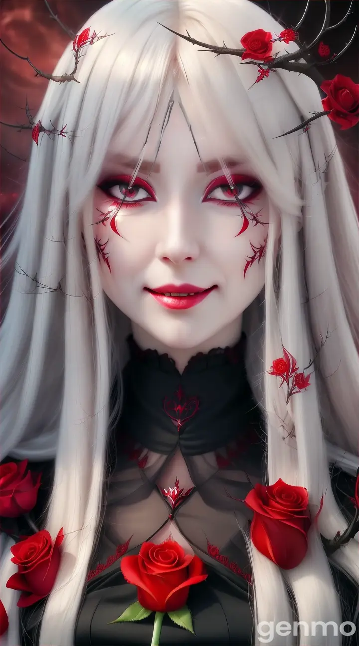 Gorgeous Anime style confident young woman character with a confident look on her face, evil smile, crimson red eyes, long and flowy white hair, fair skin, burgandy full lips and a crescent moon on her Forehead; she is wearing a dark blouse with long flowy long sleeves; the shot must be a close up angle. Supernatural enchantress controlling the thorns of red roses on her hands. Background: giant thorns roses. Her eyes are crimson red. Frame: 9:16.