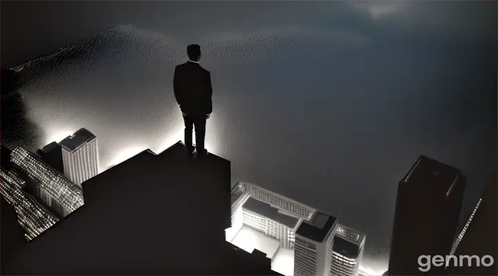 top view of a man standing on a ledge of a 14 floor hotel building he is just staring at the bottom, looking down, the bottom is dark theme