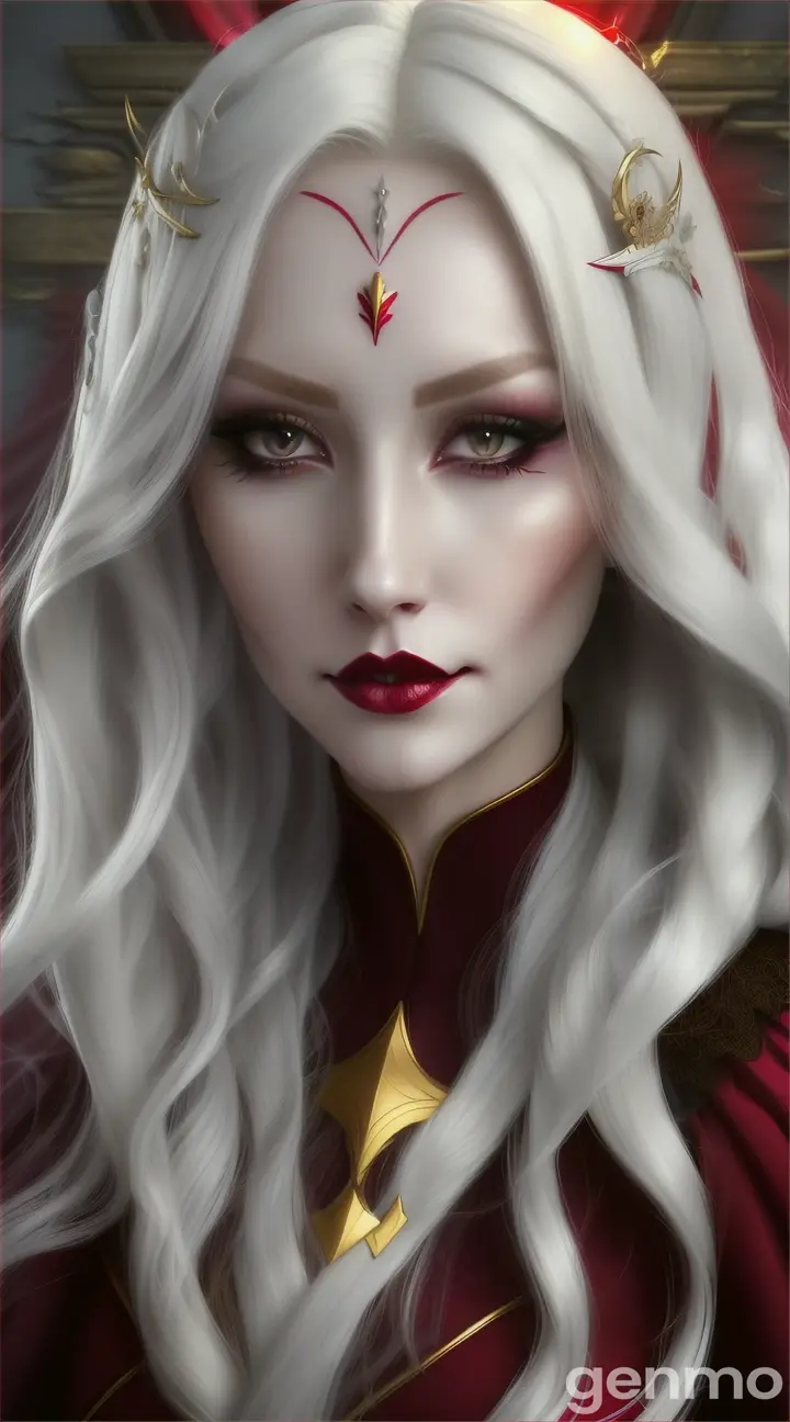 Gorgeous Anime style confident young woman character with: a confident look; evil shy smile on her face; eyes: crimson red color eyes; eyeshadown: brown and gold; hair: long and flowy white color hair; fair skin; full lips: burgandy lipstick; Forehead: red crescent moon tattoo. She is wearing a SLIM dark dress shoulder to shoulder with long flowy sleeves; the shot must be a close up angle. She is a witch who controls giant thorns red roses on her hands. Background: thorns roses magic garden. eyes: crimson red. Frame: 9:16.