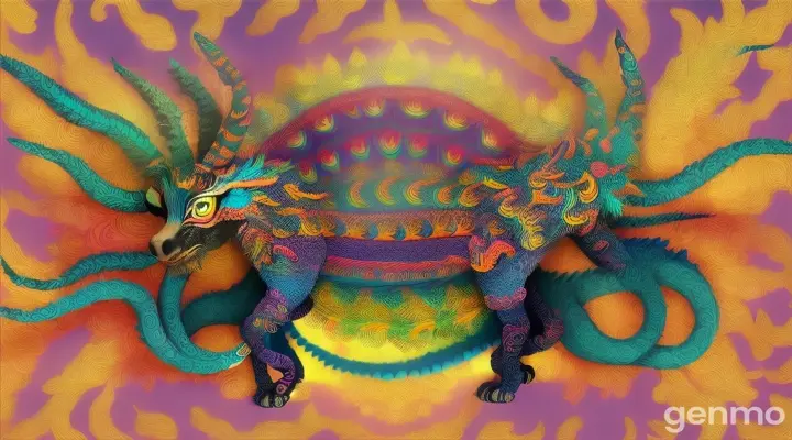 "Create an illustration of an imaginary animal alebrije, from the mixture of various animals that can belong to any animal kingdom
