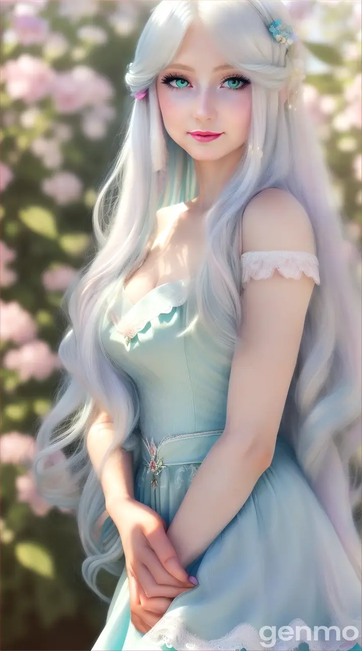 High quality Anime style woman: long flowy white hair, green eyes, full lips, light pink lipstick, fair skin. She is wearing a shoulder to shoulder flowy baby blue dress. The scene must be a close up of her face blinking her eyes and openning a gentle smile. Background: magical greenhouse. Frame: 9:16
