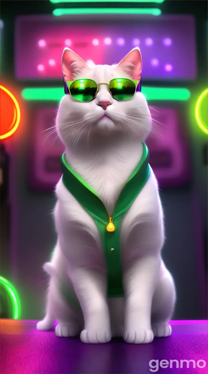 a white cat wearing a green coat and sunglasses while dancing 