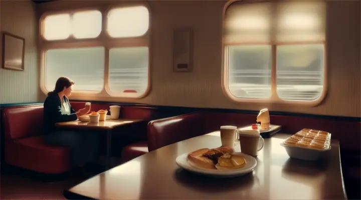 A cozy booth in a Texas diner with a delicious breakfast spread, silhouette of people, warm morning light streaming through the window