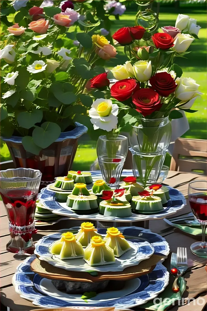 a table topped with plates of food and a vase of flowers