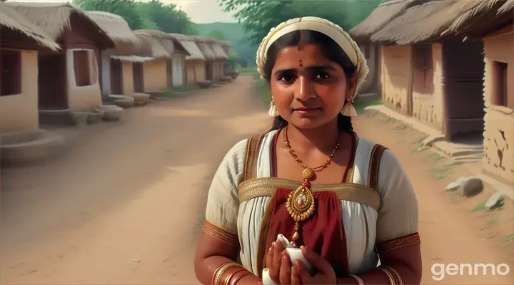 : "A rural Indian woman dressed as a traditional milkmaid, standing in a village lane with a worried expression. She has pots of milk and yogurt balanced on her head, and her hands are on her belly, showing that she is in labor. The background has small village huts and trees."