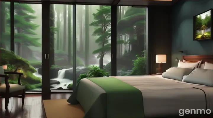 A cozy bedroom in a forest resort with a view of a cascading waterfall during a rainstorm, thick mist and lush greenery in the background, No rain in the bedroom