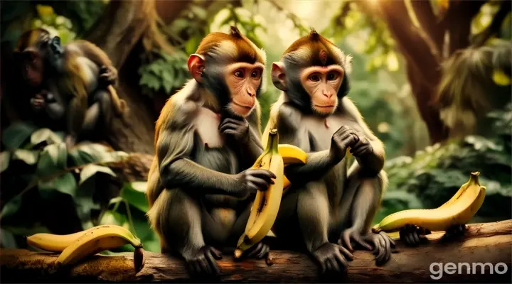 two monkeys sitting on a log eating a bunch of bananas