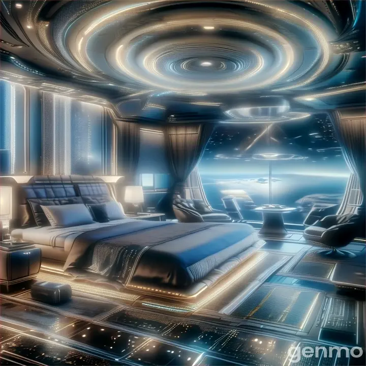 a futuristic bedroom with a large bed and lots of lights