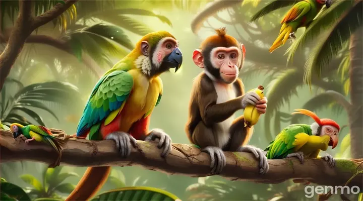 a monkey and a parrot eating bananas