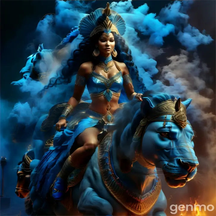 a woman riding on the back of a blue horse