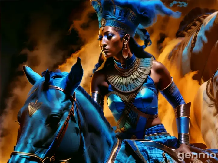 a woman in a blue outfit riding a blue horse
