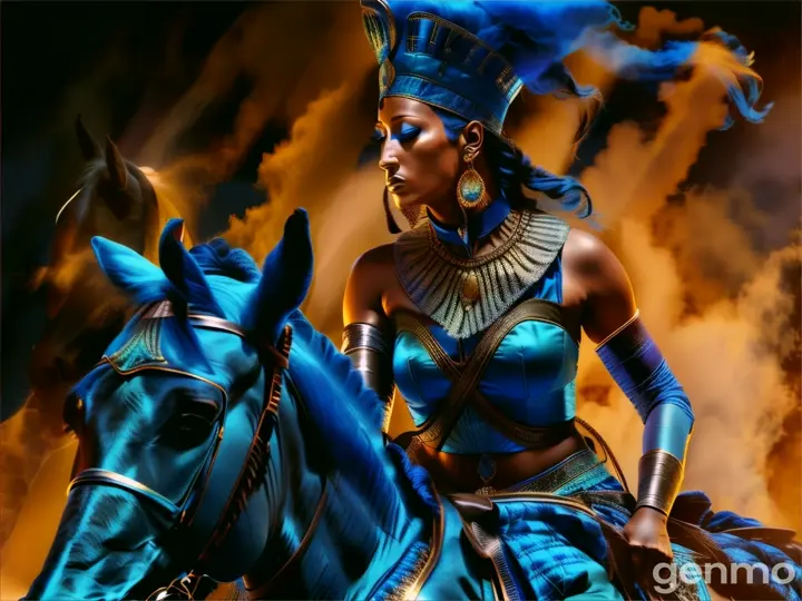a woman in a blue outfit riding a blue horse