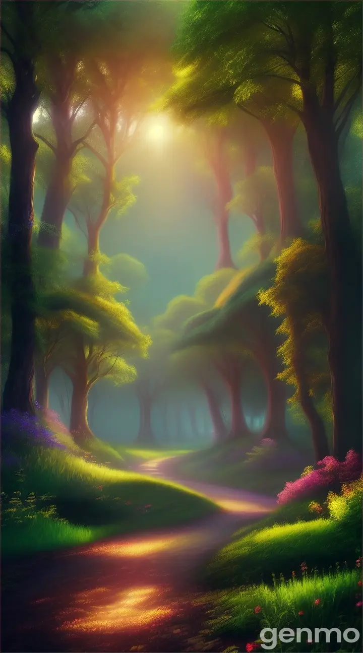 a high-quality artistic rendering of a mystical (райский лес), magical, enchanted, fantasy, vibrant colors, dream-like, ethereal, glowing, surreal, lush foliage, whimsical, fairy tale, nature, forest, digital painting, fantasy landscape, detailed, picturesque, 4k