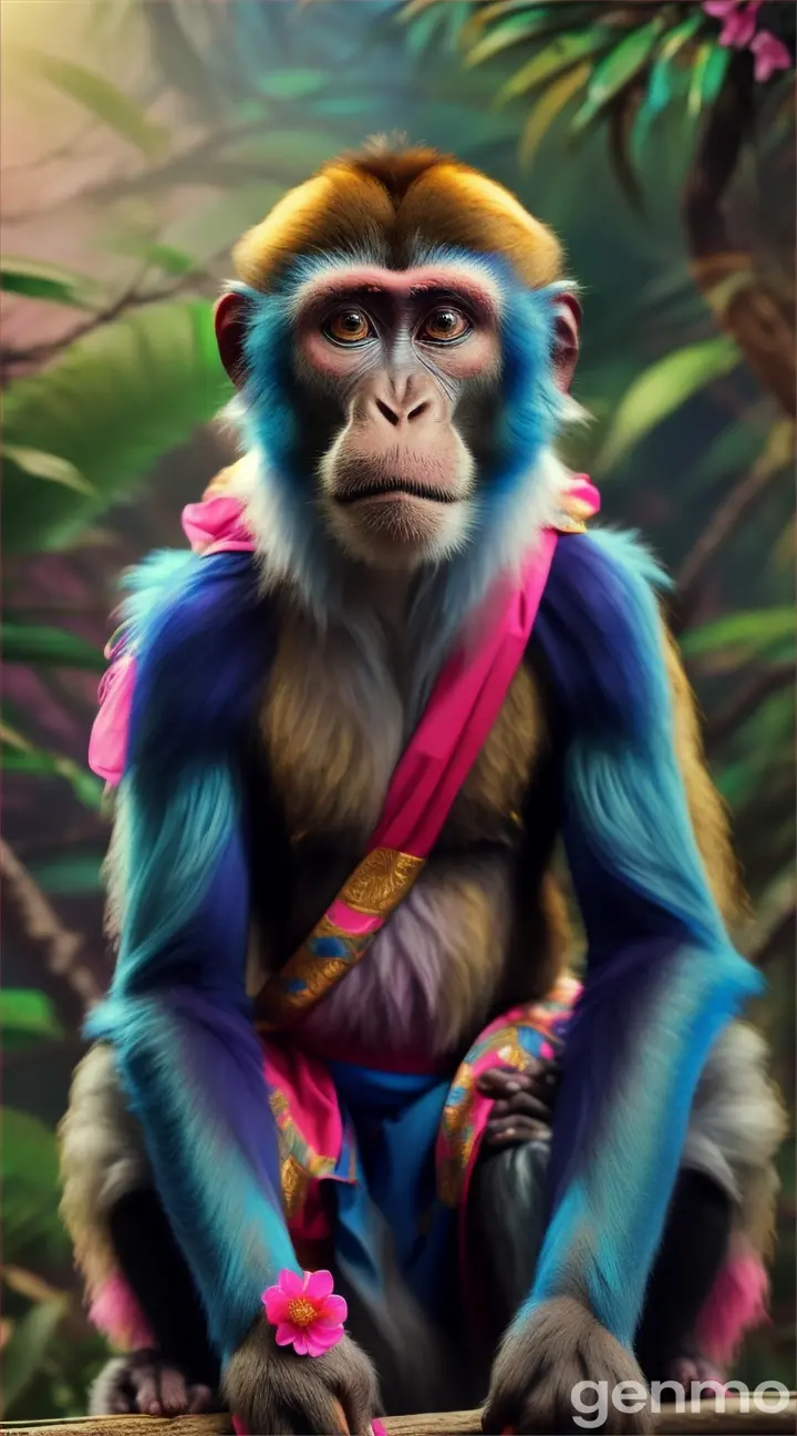 The monkey is wearing blue color saree and pink color blouse and scolding the other one